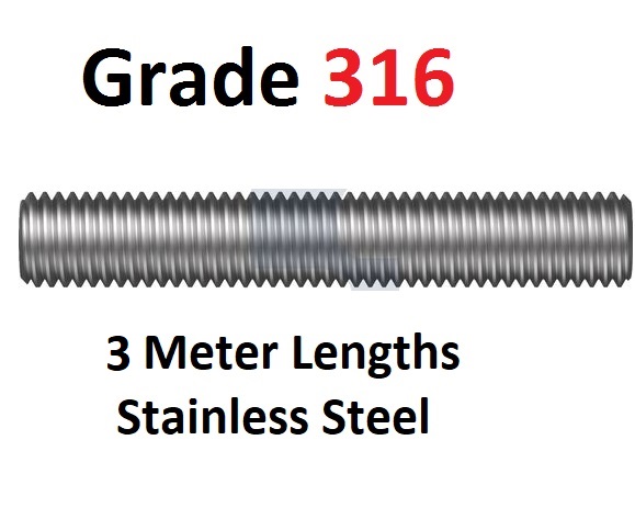 Metric Marine Grade 316 Stainless Steel Threaded Rod 1 Meter Lengths